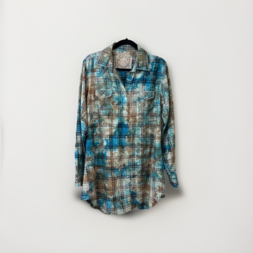 A Rare Bird Dress Small Blue Colorful Plaid Rhinestone‎ Western Snap Long Tunic